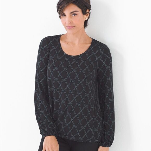 Soma Scoop Neck Long Peasant Sleeve Top Quiet Geo Black Size Small - Picture 1 of 7